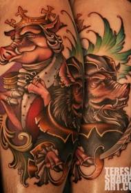 Leg color medieval style pig tattoo picture