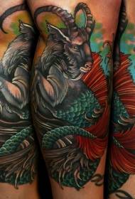 padrão de tatuagem original de perna colorida metade cabra e metade peixe