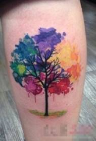girls calf painted watercolor colorful ink tree Tattoo pictures