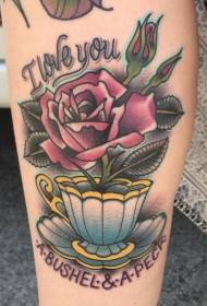 Leg new school style teacup with rose tattoo pattern