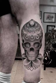 gamba tatuaggio nero grigio stile geometrico teschio umano modello tatuaggio