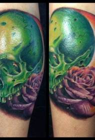 leg color big skull skull and rose tattoo