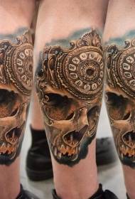 Cranio humano estilo realismo de pernas con tatuaxe de reloxo vintage