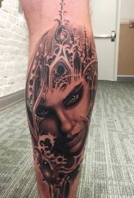 Modello di tatuaggio ritratto di donna marrone gamba