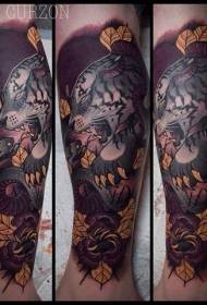 Gamba tigre bianca in stile new school colorata con tatuaggio a foglie