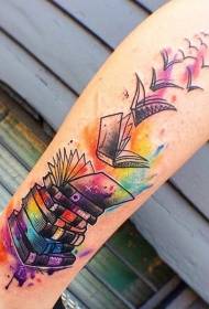 calf original fantasy style multicolored flying book tattoo pattern