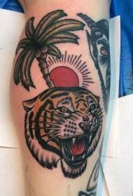 Old style design colored roaring tiger tattoo picture