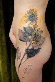 női derék oldalán víz színű napraforgó tetoválás minta