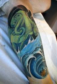 gurita hijau yang realistis secara hukum dan pola tato bergelombang