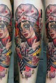 Patrón de tatuaje de mujer chef sangrienta color de pierna