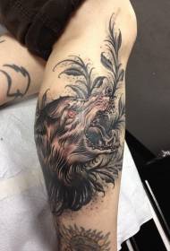Modello di tatuaggio di lupo diavolo colorato stile incisione gamba
