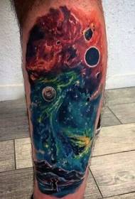 Leg color starry space tattoo pattern