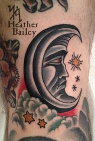 Leg color moon with stars tattoo pattern