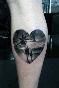 Patrón de tatuaje de personaje de paisaje en forma de corazón