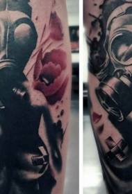 Illustrasjonsstil svart mann gassmaske med tatoveringsmønster for rød blomst