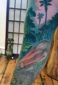 Hanka koloreko dinosauroak eta basoko tatuaje eredua