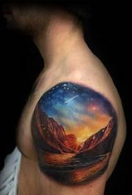 Double big arm tattoos male big arm on colored landscape scenery tattoo pictures