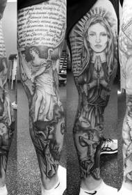 Vackra svartvita bokstäver religiösa figurer tatueringar på benen