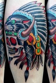 Old school color Indian skull and black panther helmet tattoo pattern