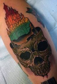 Patrón de tatuaje de combinación de castillo mágico de color de becerro y cráneo
