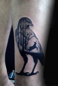 Modello di tatuaggio di foresta e cervi a forma di uccello nero stile spina di vitello