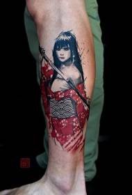 Patrón de tatuaje de espada de geisha asiática colorida de estilo moderno de ternera