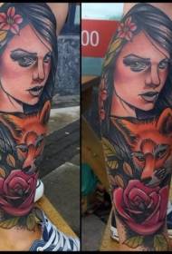Stinco ritratto stile donna colorata con motivo a tatuaggio fiore di volpe