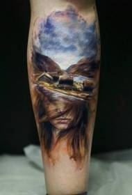 Paesaggio realistico di colore di vitello con motivo a tatuaggio volto di donna