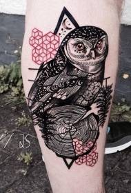 Calf realistic style colorful owl branches and symbols tattoo pattern