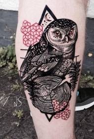 Modello di tatuaggio di vitello realistico stile colorato rami di gufo e simboli