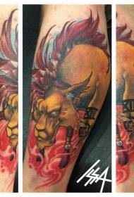 Patrón de tatuaje de color de dibujos animados demonio toro caña