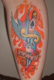Calf blue swallow and dagger tattoo pattern