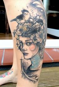Kāta skices stils krāsains kāju meitenes portrets ziedu putns tetovējums modelis