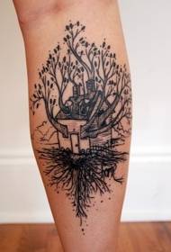 Modello di tatuaggio albero nero e casa di vitello