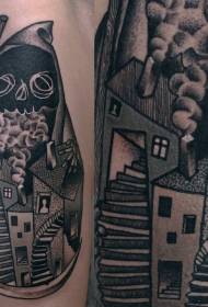 Закручений стиль чорний старий будинок татуювання візерунок