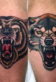 Волшебно старо училиште обоени волк и мечка тетоважа шема