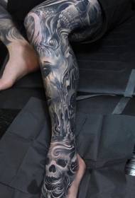 Horror style black fantasy monster skull leg tattoo pattern