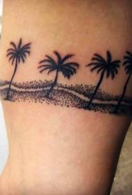 黑色点刺沙滩与棕榈树纹身图案