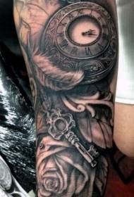Orologio da braccio nero grigio con motivo tatuaggio chiave rosa piuma