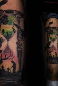 Kalf swarte zandloper fûgel- en portret tattoo patroan