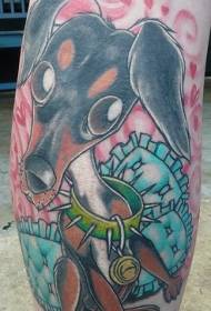 Leg painted funny cartoon dog tattoo pattern