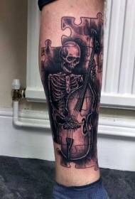 Bela nigra cindra puzlo stilo violono kranio tatuaje ŝablono