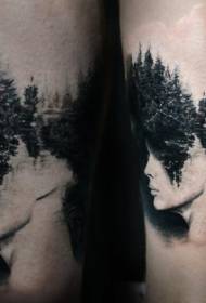 Surrealistický styl černá žena tvář a lesní tetování vzor