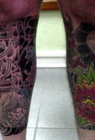 Calf Japanese style black sky and colorful flower tattoo pattern