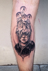Calf surreal style black portrait and burning candle tattoo pattern