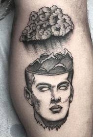 Testa umana nera stile incisione vitello con motivo tatuaggio nuvola