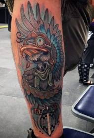 Calf new school colored indian bird and wings tattoo pattern