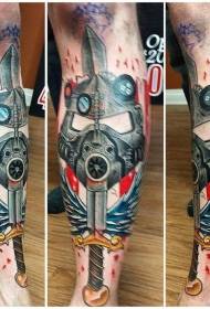 Elmo da armatura meccanico colorato in vitello e modello tatuaggio spada
