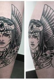 Pahlawan wanita ireng sing termenung kanthi pola tato swiwi