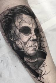 Stone carving style black male face against creepy tattoo pattern